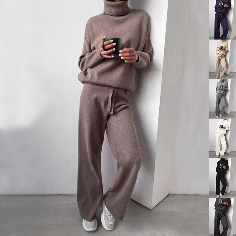 Casual Fashion Suits For Women Turtleneck Sweater And Drawstring Straight Pants - Boaties Collective