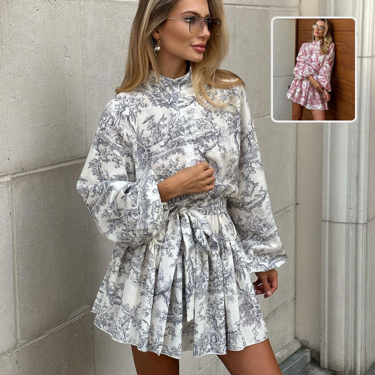 Ink Print Long Sleeve Short Dress With Fashion Puffy Sleeve Lapel Tie A-Line Dress Clothing - Boaties Collective