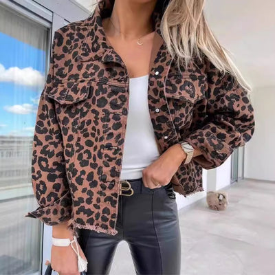 Women's Leopard Print Jacket With Pocket Y2K Fashion Lapel Single-breasted Denim Overcoat Women's Clothing - Boaties Collective