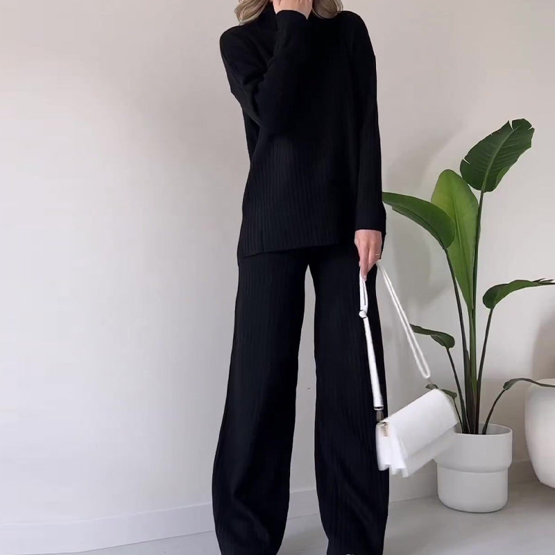 Turtleneck Knitted Suit Loose Split Design Long-sleeved Top And Straight Trousers Fashion Casual Solid Set Women's Clothing - Boaties Collective