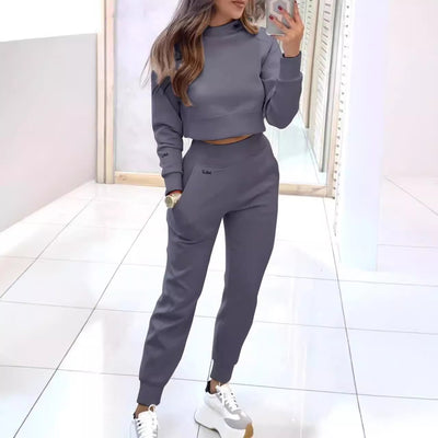 Stand Collar Sports Suit Fashion Pullover Long-sleeves Short Top And Slim Trousers With Pockets Solid Outfits Women's Clothing - Boaties Collective