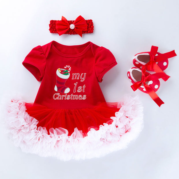 Baby Christmas New Short Sleeve Cartoon Mesh Dress - Boaties Collective