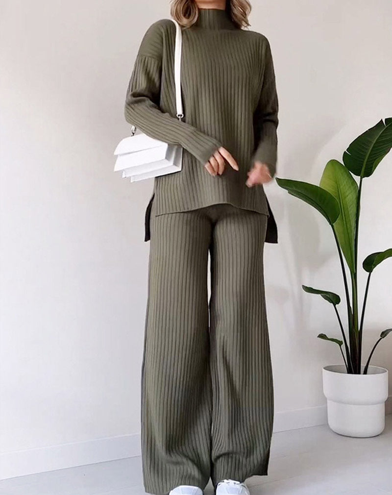 Turtleneck Knitted Suit Loose Split Design Long-sleeved Top And Straight Trousers Fashion Casual Solid Set Women's Clothing - Boaties Collective