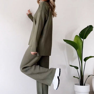 Turtleneck Knitted Suit Loose Split Design Long-sleeved Top And Straight Trousers Fashion Casual Solid Set Women's Clothing - Boaties Collective