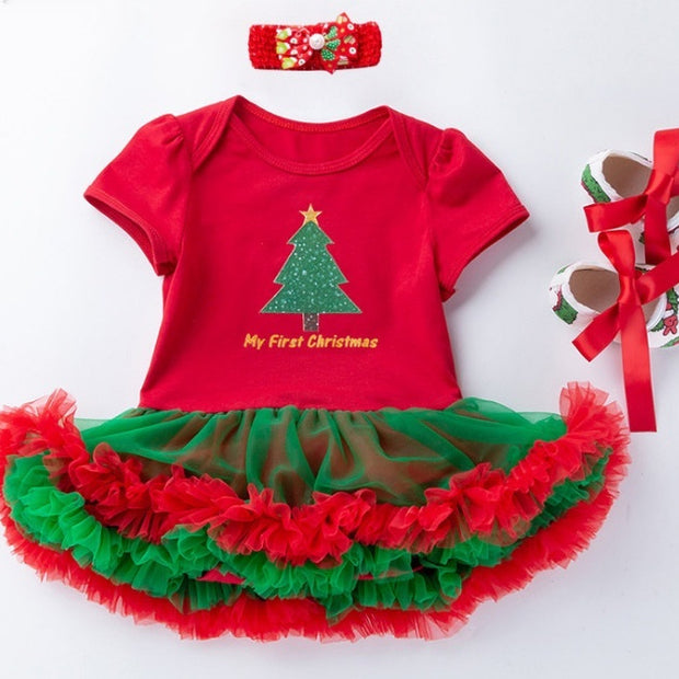 Baby Christmas New Short Sleeve Cartoon Mesh Dress - Boaties Collective