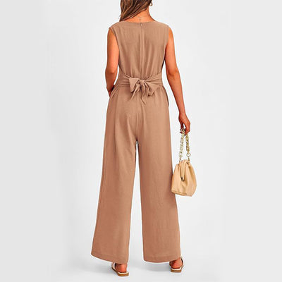 New V-neck Sleeveless Long Jumpsuit With Pockets And Lace-up Design Wide-leg Straight Trousers Summer Womens Clothing - Boaties Collective