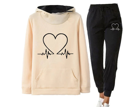 Love Heart Printed Sports Suit Hooded Sweatshirt Top And Drawstring Pants Fashion Casual Clothing For Women - Boaties Collective