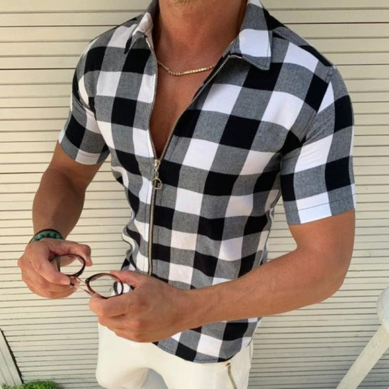 Plaid T Shirt Mens Zipper Short Sleeve Shirts Summer Men Clothing - Boaties Collective