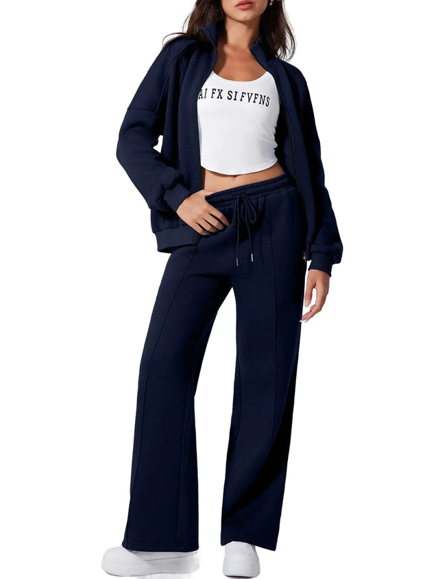 Aleumdr Matching Sets Women Clothing Two Piece Outfits Sweatsuit Tracksuits Sweat Sets Zip Up Jackets Fleece Lined Wide Leg Sweatpants 2024 Fall Athletic Travel Lounge Sets Blue 2XL - Boaties Collective
