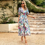 New V-neck Printed Short-sleeved Long Dress Summer Fashion Slim Seaside Vacation Beach Dresses For Women Clothing - Boaties Collective