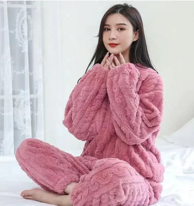 Pure Color Jacquard Cotton Velvet Warm Suit Pajamas - Boaties Collective